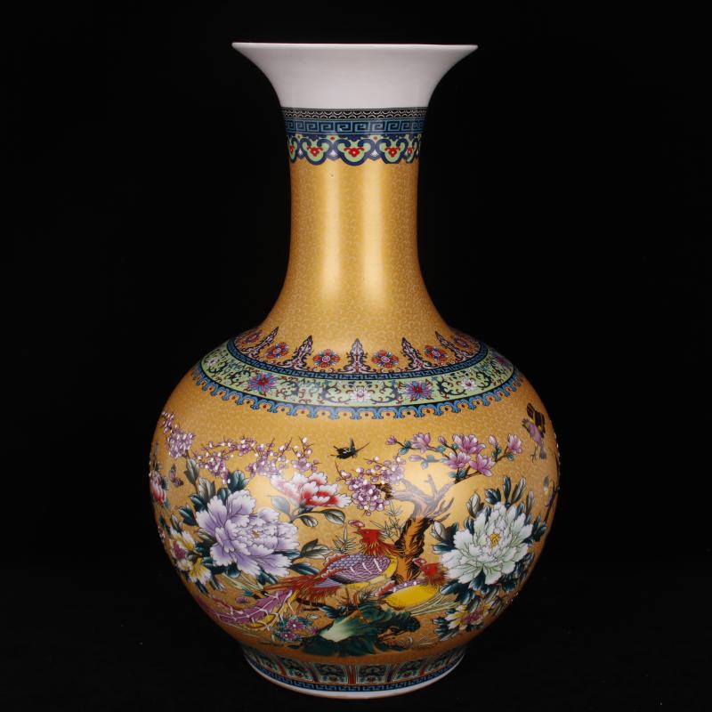 Jingdezhen imitation qianlong antique colored enamel in yellow flowers and birds landing is great reward bottles of Chinese classical Ming and the qing dynasty vase furnishing articles