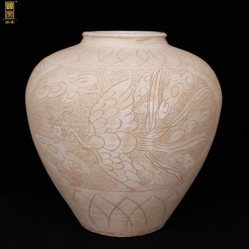 景德镇仿宋磁州窑手工雕刻白地凤纹罐仿古玩古董复古装饰收藏摆件