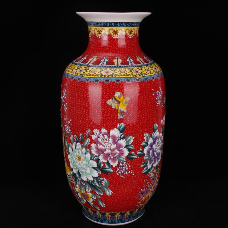 Jingdezhen porcelain qianlong to red colored enamel painting of flowers and Chinese domestic outfit company store large vase