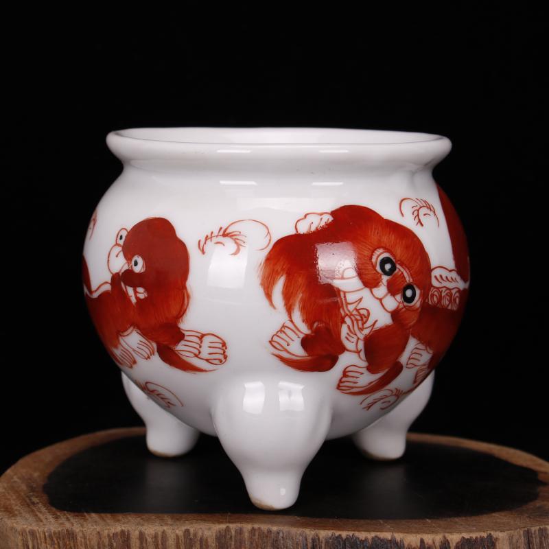 Jingdezhen imitation word pure checking antique antique hand - made pastel lion censer fine antique furnishing articles