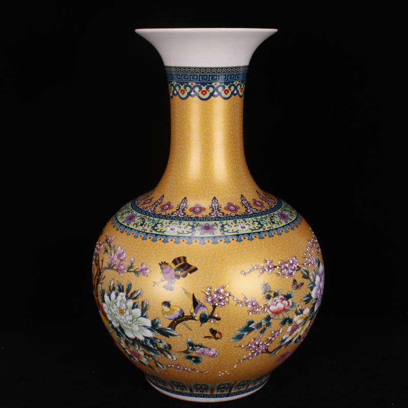 Jingdezhen imitation qianlong antique colored enamel in yellow flowers and birds landing is great reward bottles of Chinese classical Ming and the qing dynasty vase furnishing articles