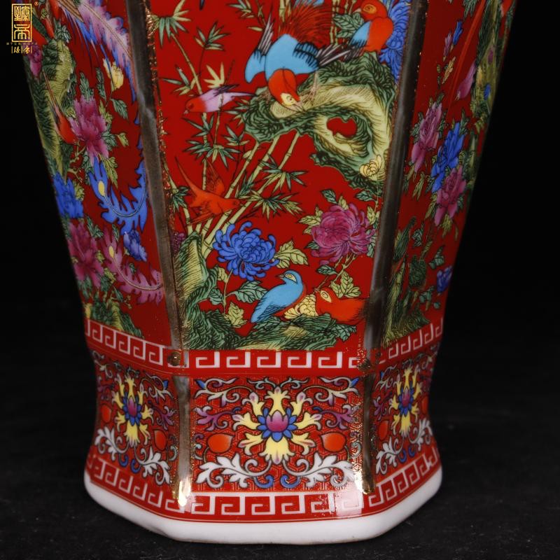 Jingdezhen imitation qianlong six - party colored enamel vase of new Chinese style red to birds and flowers sitting room adornment antique antique furnishing articles