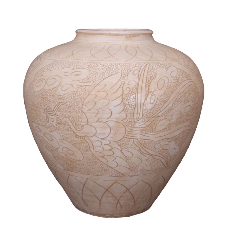 景德镇仿宋磁州窑手工雕刻白地凤纹罐仿古玩古董复古装饰收藏摆件