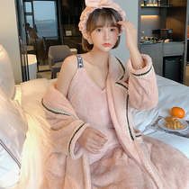 Princess pyjamas woman autumn winter coral suede plus suede thickened with three suits sleeping robe with long style bathrobe flannel flannel suede