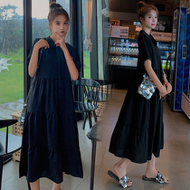 Korean version of pregnant women's summer dress snow-woven dress long dress fashionable temperament thin little black skirt pregnant woman skirt summer