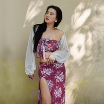 Pleasant Dream Wind Belly Leather Dance Practice Suit Inlaid Drilling Autumn Winter New Play Outfit suit Xiaokan shoulder dance mesh yarn black and white