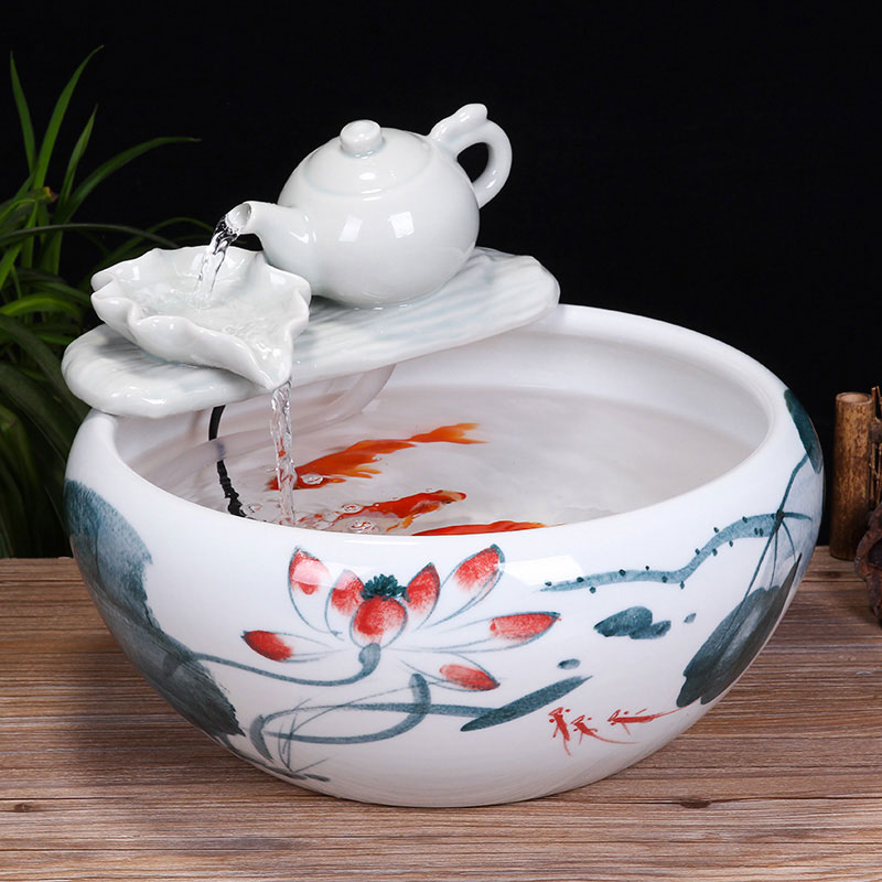 Jingdezhen ceramic aquarium desktop fountain water tank 2 small gold sitting room aquarium fish bowl