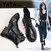Tide brand leather horse boots female 2021 autumn and winter New thick bottom English wind Joker side zipper short barrel locomotive single boot