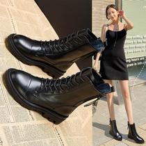 Leather Martin boots female Inner height 2021 New English style handsome autumn and winter plus velvet Joker flat shoes