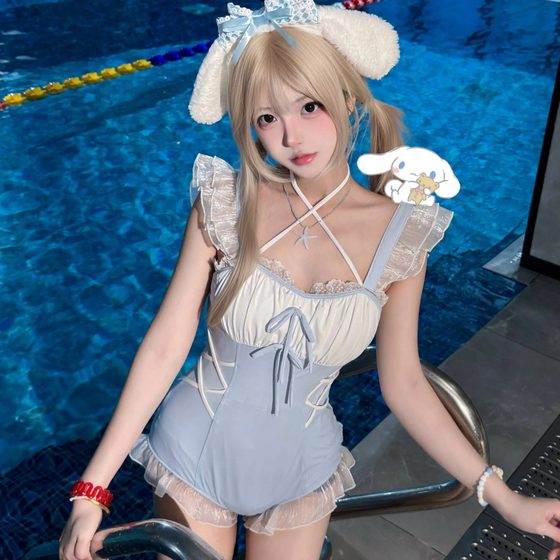 Yuchajia Leilei Love Song Cute Bow Blue Whitening Student One-piece Swimsuit Conservative Swimsuit Yuchajia Leilei Love Song Cute Bow Blue Whitening Student One-piece Swimsuit Conservative Swimsuit