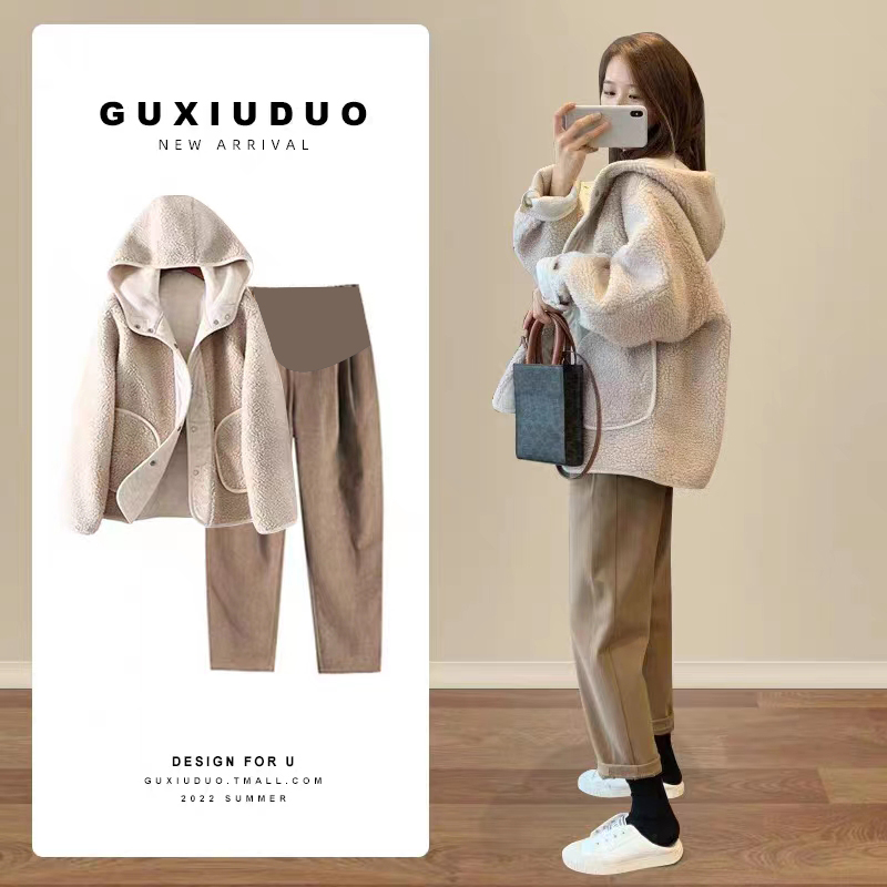 Pregnant woman jacket autumn and winter outside wearing spring and autumn fashion 2023 new weaters lamb wool thickened autumn winter blouses two sets-Taobao