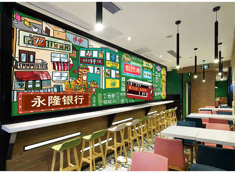 港式小吃茶餐厅墙纸港风背景墙绘装修复古甜品奶茶店墙面装饰壁纸
