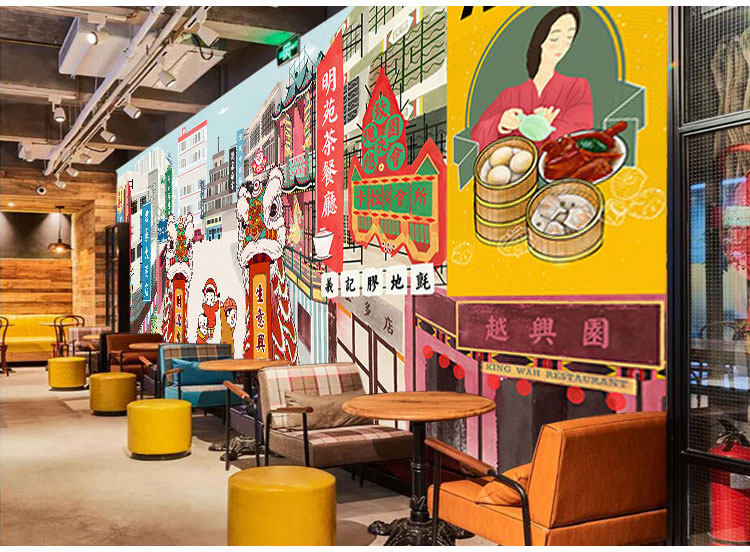 港式小吃茶餐厅墙纸港风背景墙绘装修复古甜品奶茶店墙面装饰壁纸