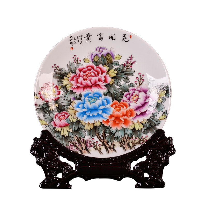 Jingdezhen ceramics decoration plate of blooming flowers, sitting room of the new Chinese style household porcelain plate television wine furnishing articles