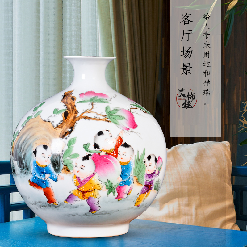 Jingdezhen ceramic hand - made lad merrily merrily vases, new Chinese style living room TV cabinet decoration handicraft furnishing articles