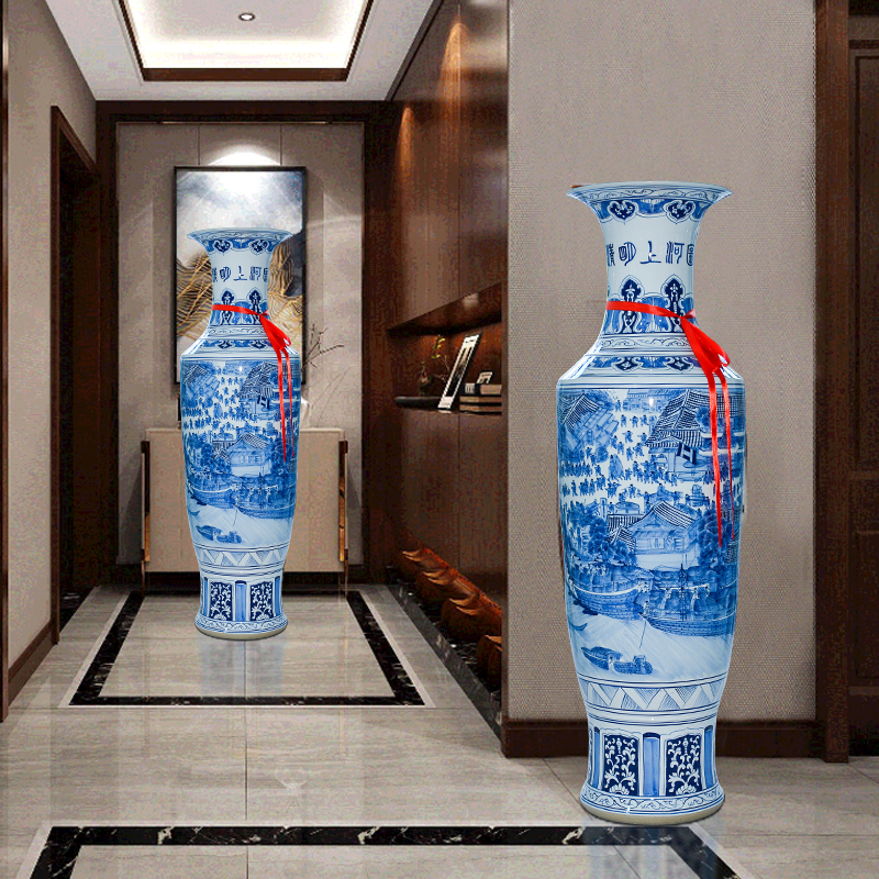 Jingdezhen ceramic large vases, antique qingming scroll sitting room hotel opening of blue and white porcelain decorative furnishing articles