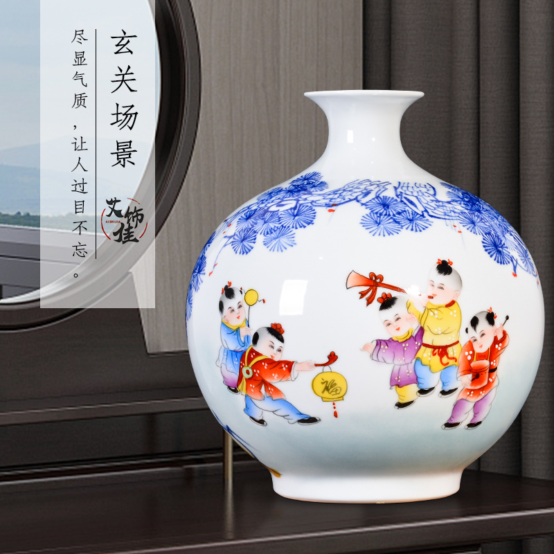 Jingdezhen ceramic hand - made lad merrily merrily vases, new Chinese style living room TV cabinet decoration handicraft furnishing articles