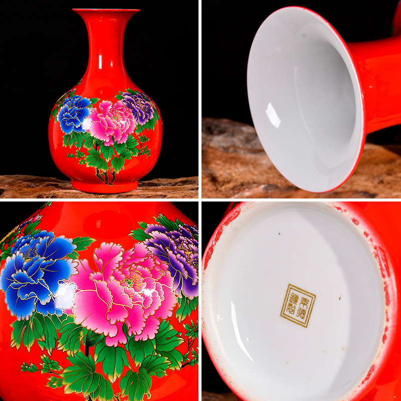 Jingdezhen ceramic vase red new Chinese wine TV ark, blooming flowers, flower arrangement, the sitting room porch decoration