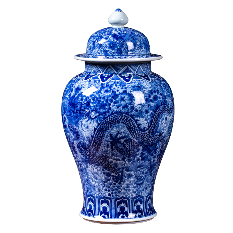 Jingdezhen ceramic antique blue and white flower dragon general jar of home sitting room porch is decorated collection handicraft furnishing articles