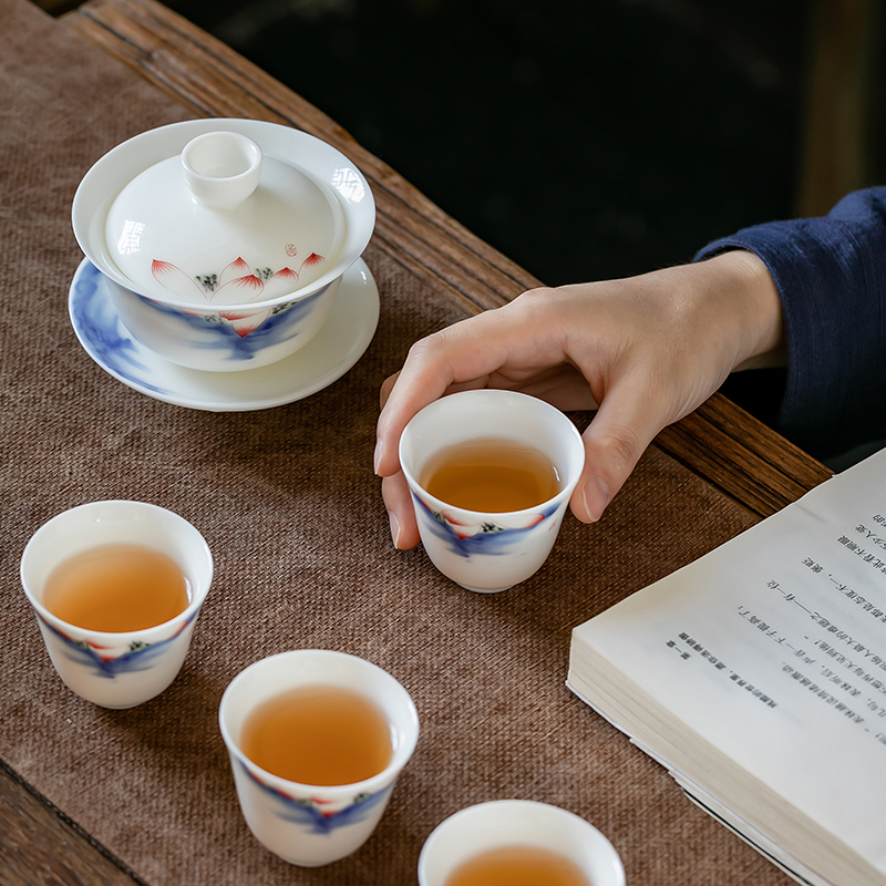 Fujian and the blue and white porcelain tureen contracted and I household ceramic tea bowl large cups only three cups of tea set