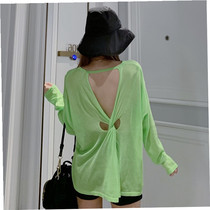 Summer New Loose Bull Oil Fruits Green Thin T-Shirt Woman Ice Silk Sunscreen Clothing Sexy Dew-Knitted Air Conditioning Hooded Sweatshirt