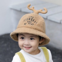 Baby basin hat 1-3 years old Autumn and winter childrens fisherman hat 2 mens and womens plush warm hat Korean version of antler childrens hat tide