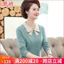 Middle-aged and elderly womens spring and autumn knitwear lapel western style top 2020 new mother spring long-sleeved T-shirt bottoming shirt
