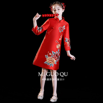 Improved cheongsam girl Autumn high-end national tide baby long sleeve Chinese style red childrens cheongsam dress spring and autumn