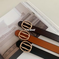 (Buy One Get One Free Punch) Vintage Second-hand Buckle Rose Gold Buckle Womens Belt Genuine Leather Leather Thin Belt