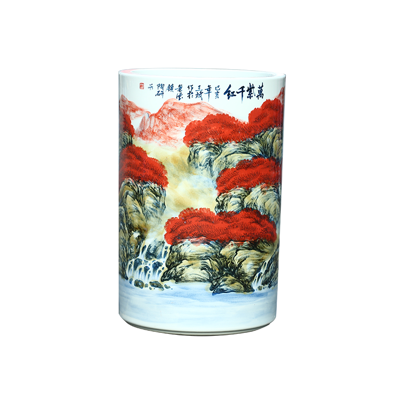 Jingdezhen ceramic hand - made scenery quiver painting and calligraphy scrolls cylinder sitting room ground vase study furnishing articles ornaments