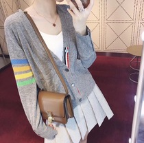 Autumn and winter new TB cardigan cardigan womens V-neck rainbow four-bar cardigan single-breasted jacket sweater