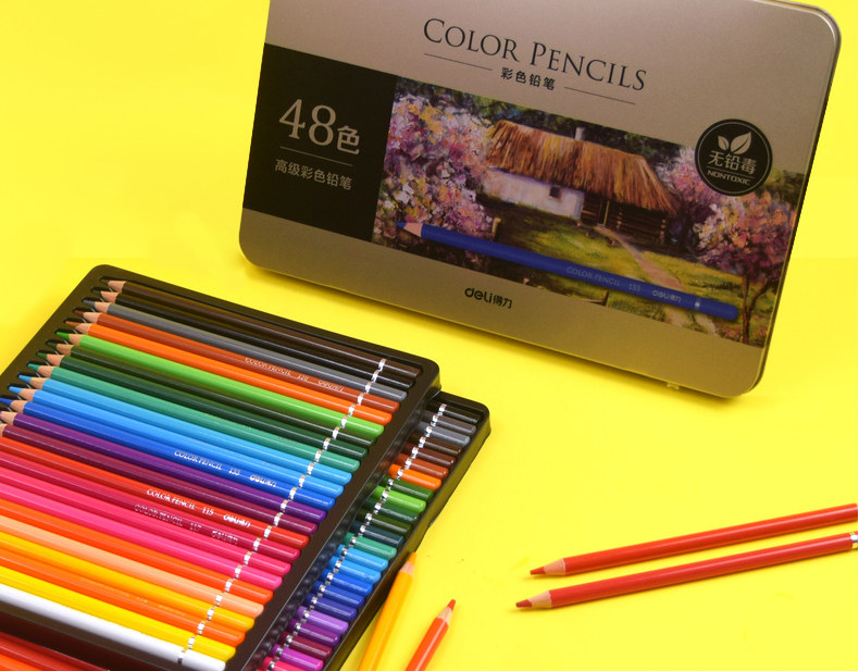 得力水溶性彩铅油性彩铅彩色铅笔铁盒装24色36色48色72色彩铅套装