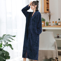 Sleepskirt fall female winter coral velvet thickens flannel large-yard fat MM zipper dressing gown lady home pajamas