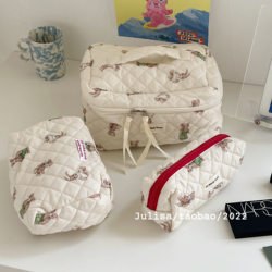 Retro bear storage three-piece set with soft fabric, large capacity pencil case, portable travel stationery, cosmetic bag storage bag