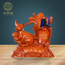 Huali wood carving pen holder Zodiac mouse ornaments mahogany solid wood carving root carving home office fortune craft jewelry
