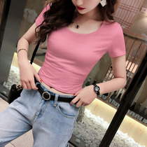 Rucord T-shirt Woman Short Sleeve Pink High Waist Short of pure cotton Leaking Belly Navel Pure tight fit over fire blouses
