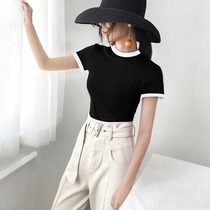 Short sleeve t-shirt women half high collar stitching cotton 2021 New slim slim base shirt neck tight top tide
