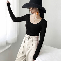 Autumn and winter black base shirt womens long sleeve T-shirt new cotton low neck tight autumn clothes thin slim slim top