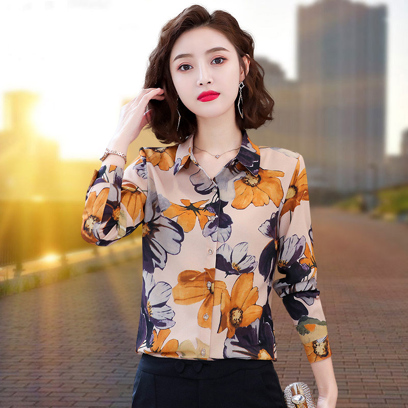 女士雪纺衬衫长袖2020秋装印花新款百搭春秋中年妈妈装上衣花衬衣