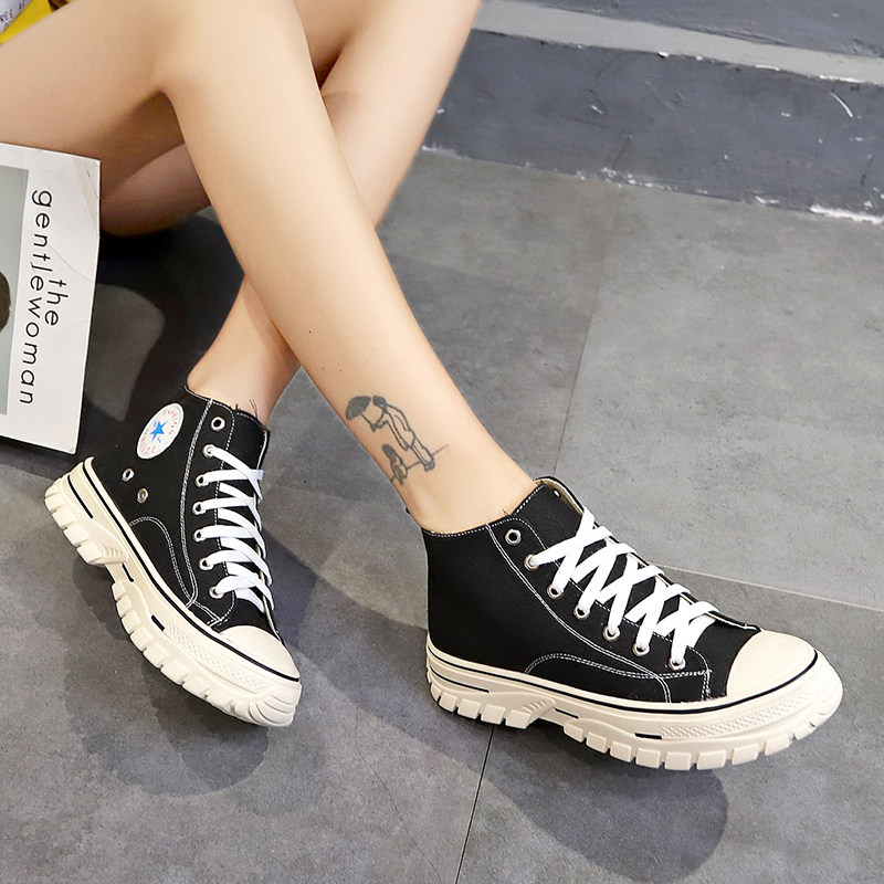 帆布鞋女高帮黑色2019秋款潮鞋韩版百搭松糕厚底网红原宿小白女鞋
