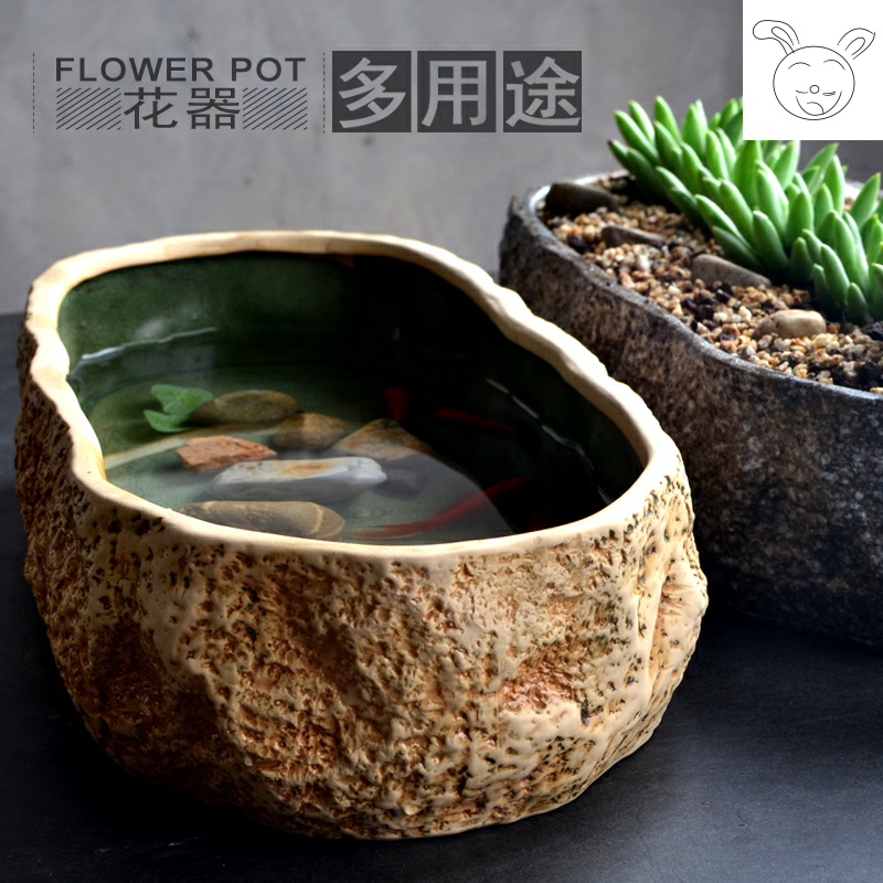 Small desktop creative imitation stone, fish tank office cylinder basin of mini micro ecological landscape ceramic aquarium water lily