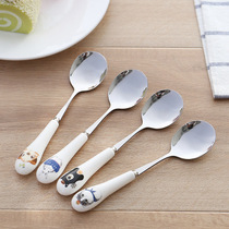 Household stainless steel small spoon Long handle mixing spoon Cute creative childrens iron spoon round spoon spoon meal spoon