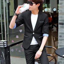 summer men's thin half sleeve suit slim Korean style men's mid sleeve suit casual short sleeve three piece set