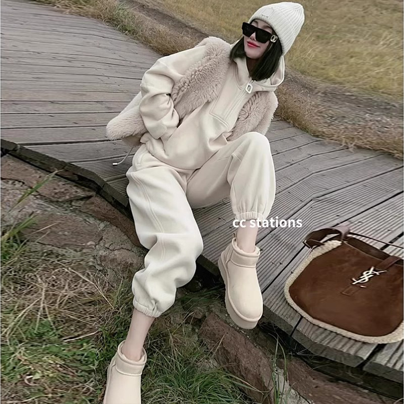 2023 Winter new small balsamic wind down ocean fashion Casual Sports Plus Suede Hat Sweatshirt Suit Pants Lady-Taobao