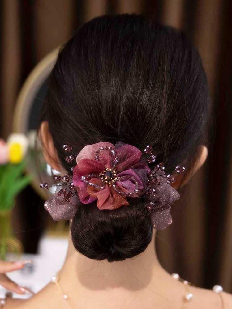 Elegant Organza Headdress Flower Headwear Crystal Flowers Headband Female Bun Hair Tie High-Grade Large Intestine Hair Band Female