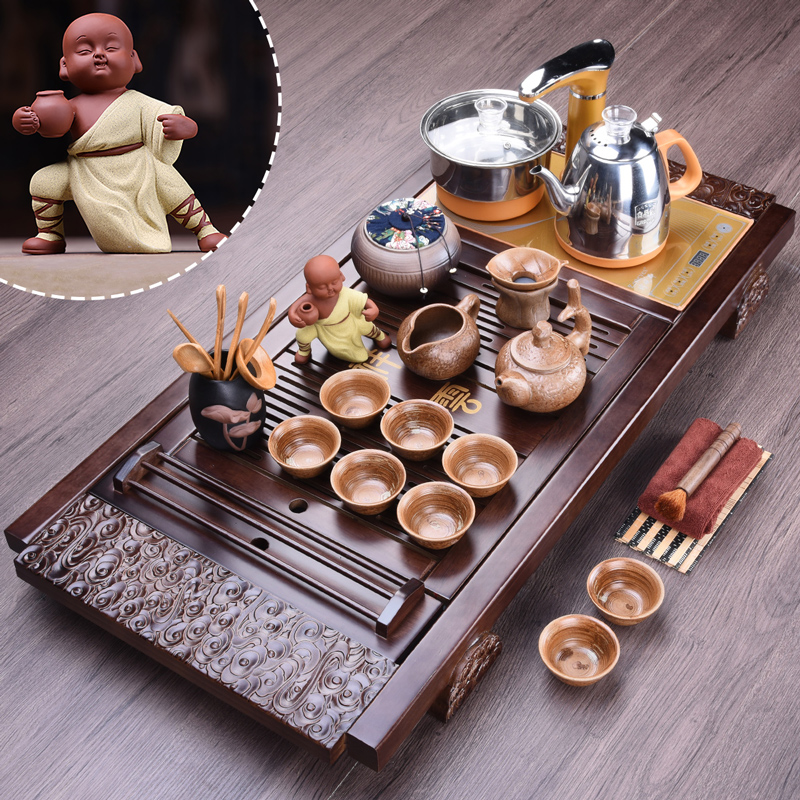 HaoFeng ceramic cups automatic induction cooker purple sand tea set household kung fu tea tea solid wood tea tray