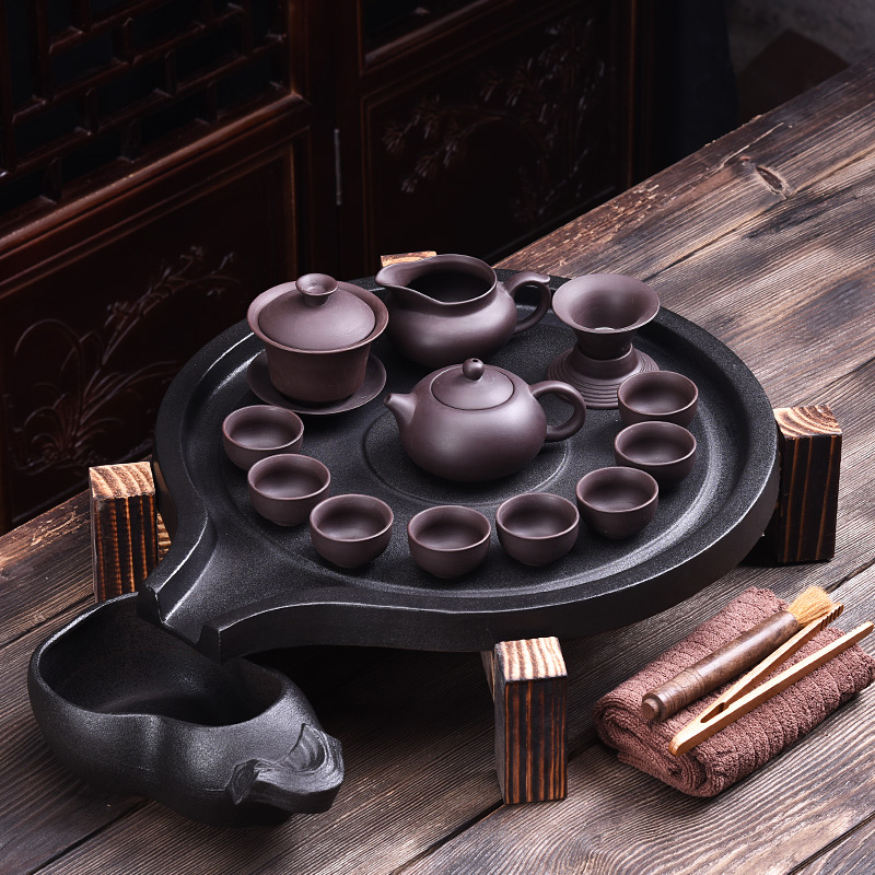 HaoFeng purple ceramic tea set household kung fu tea tray was real wood imitation sharply stone tea tray cups tea taking