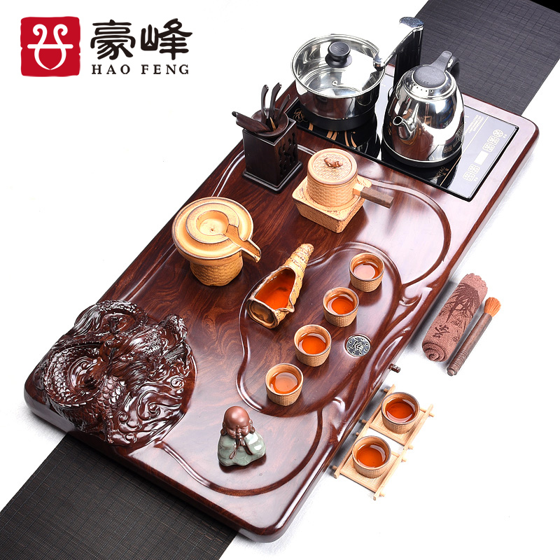 HaoFeng purple sand tea set a complete set of ecological wood tea tray and exquisite kung fu tea firewood coarse ceramic tea set automatically