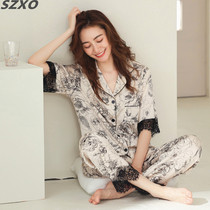 South Korea SZXO Ice Silk Pajamas Women 2021 New Spring and Summer Short Sleeve Pants Silk Printed Casual Home Clothes