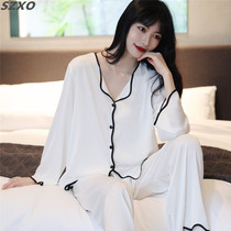 South Korea SZVA silk pajamas women spring and autumn new long sleeve pants loose size simple sexy ice silk home clothing